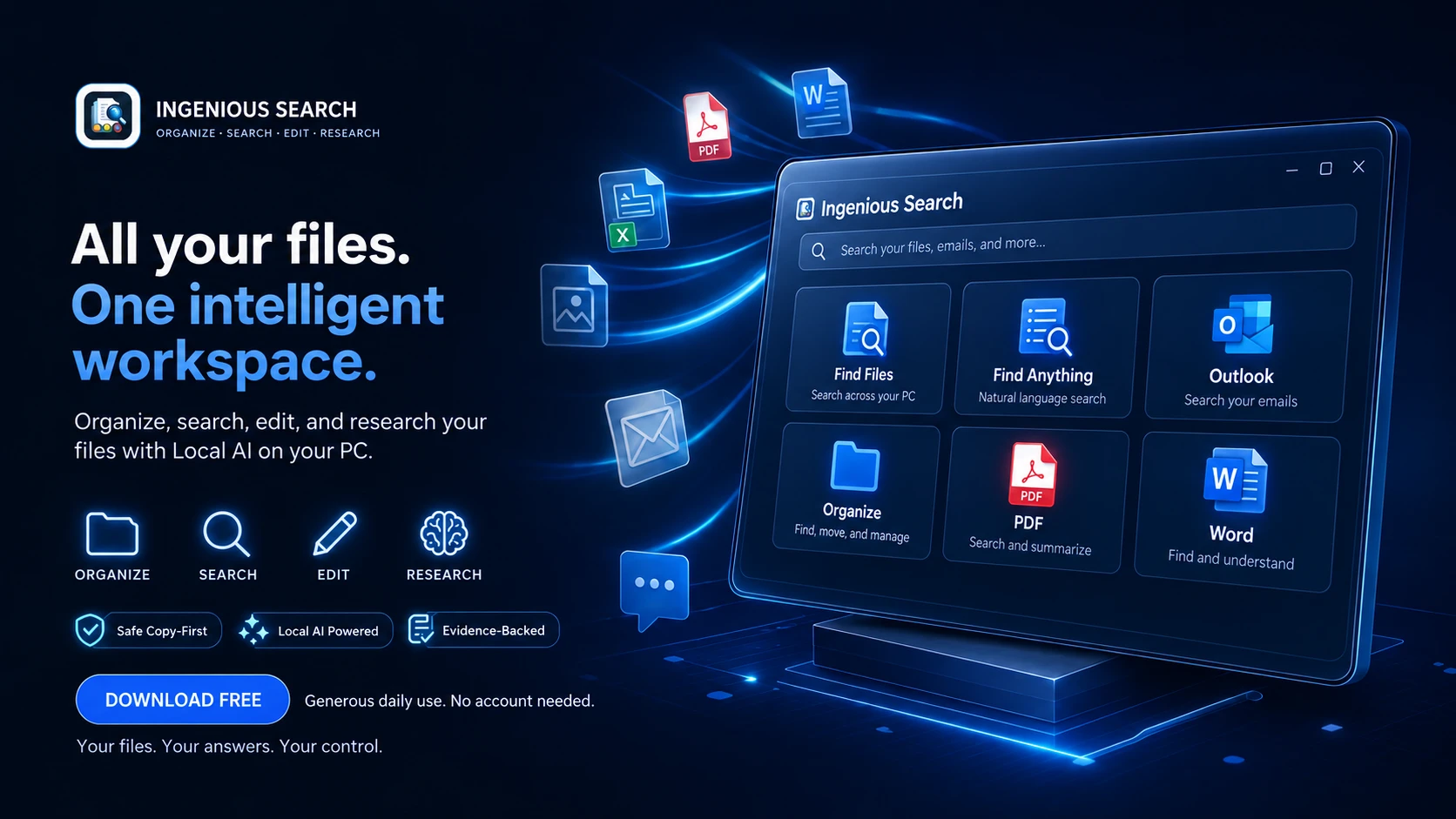 Ingenious Search product illustration: Local AI Powered, generous daily Free use, and tools for files, Outlook, PDF and Word.